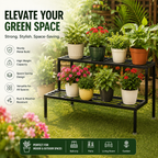 A two-tier black metal garden shelf holding several potted plants, shown outdoors on grass with garden foliage in the background. Large marketing text reads 'ELEVATE YOUR GREEN SPACE' with feature callouts on the left and a usage banner at the bottom.