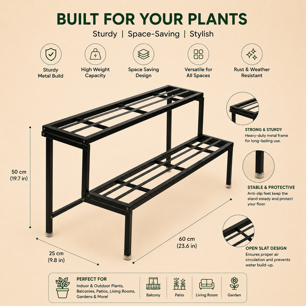 Black metal plant stand with two tiers and dimension labels on a beige background, featuring feature icons and text such as 'Built for Your Plants' and size measurements.