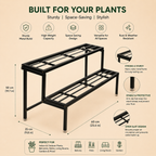 Black metal plant stand with two tiers and dimension labels on a beige background, featuring feature icons and text such as 'Built for Your Plants' and size measurements.