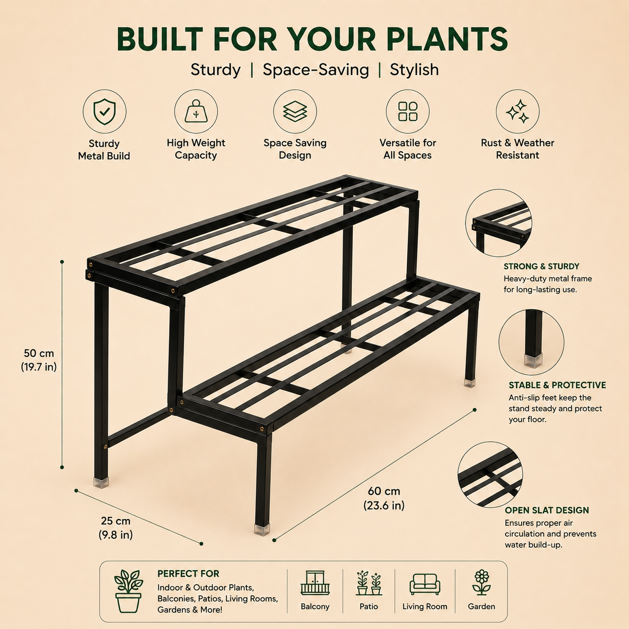 Black metal plant stand with two tiers and dimension labels on a beige background, featuring feature icons and text such as 'Built for Your Plants' and size measurements.