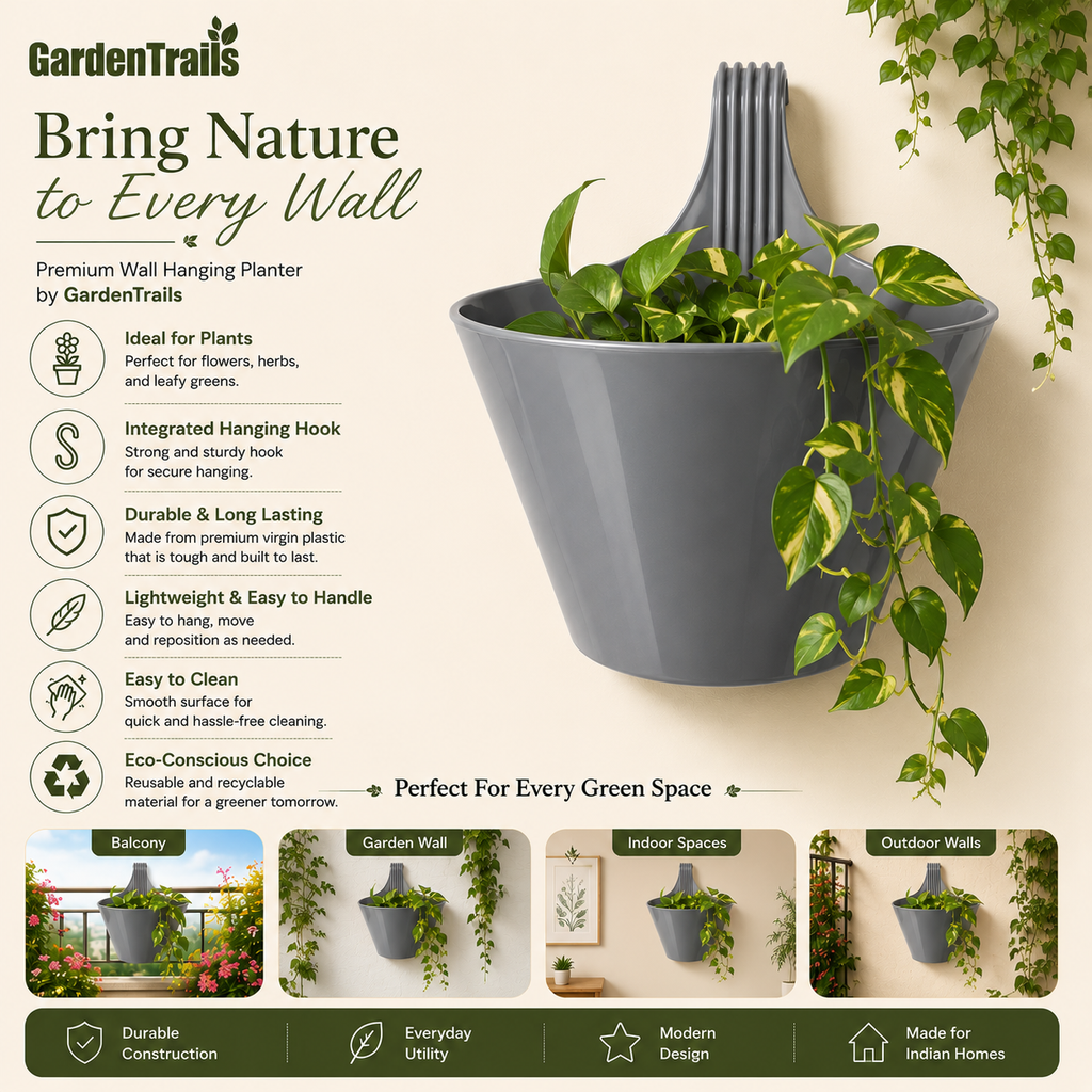 GardenTrails Hanging Balcony Planter | Modern Railing Pot for Home & Garden - Grey