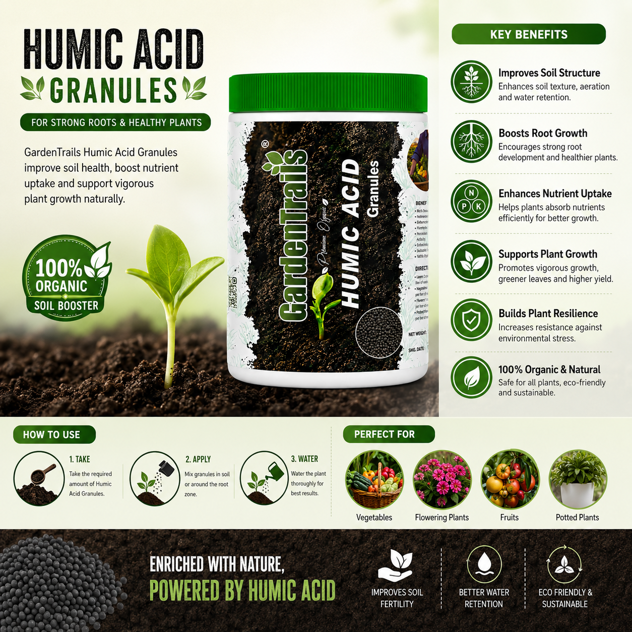 GardenTrails Humic Acid Granules – Powerful Organic Soil Booster for Indoor & Outdoor Plants - 1 Kg