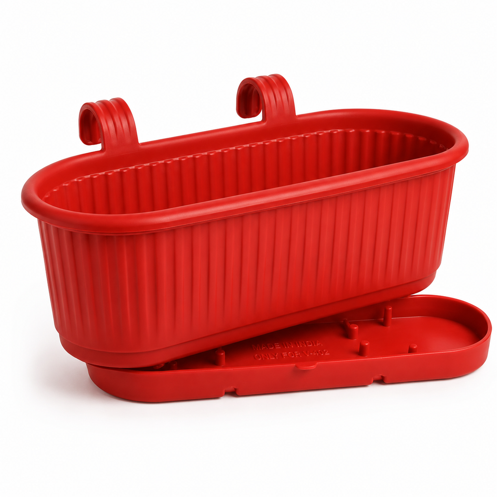 GardenTrails Hanging Railing Planter - Plastic Pot with Drainage Tray - Red