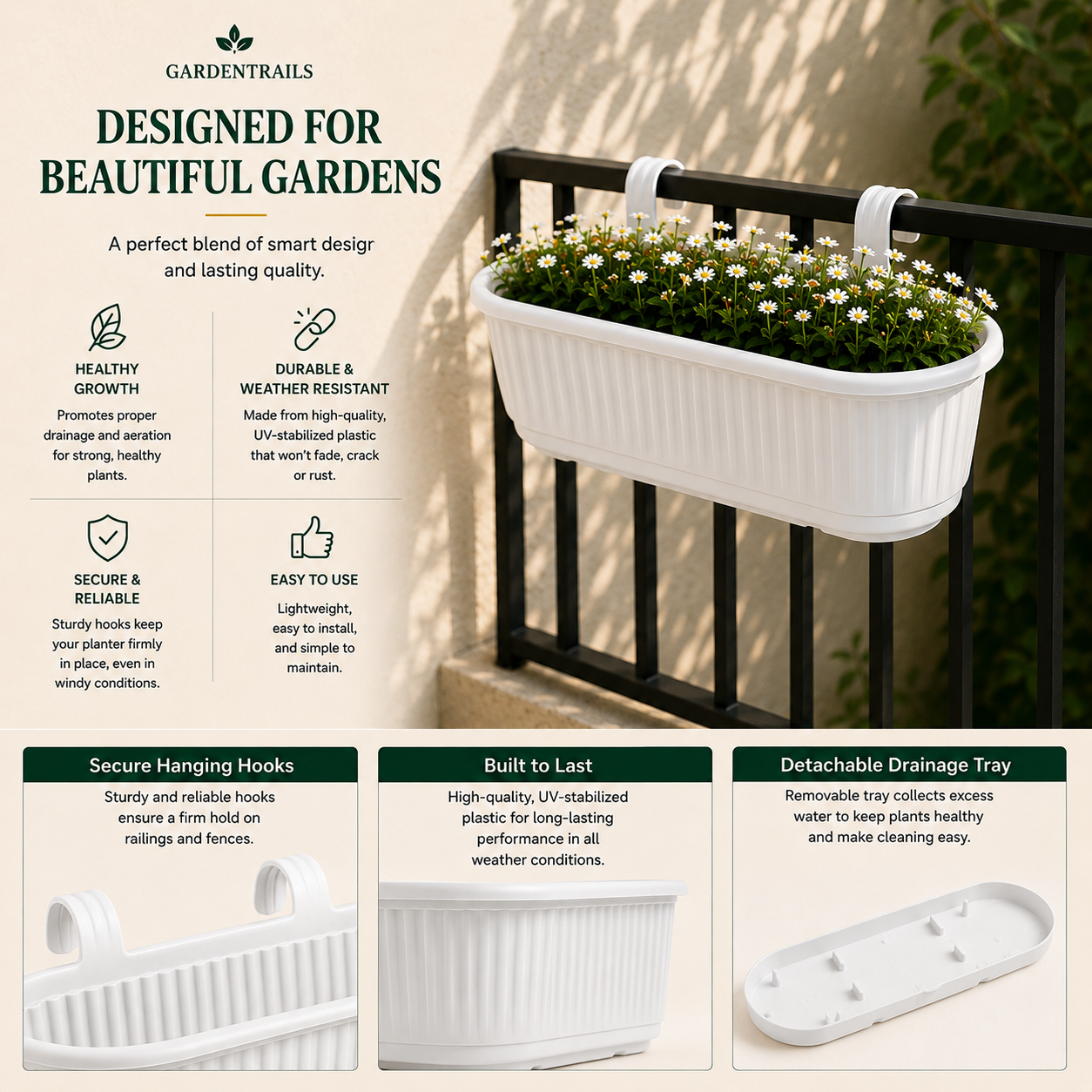 GardenTrails Hanging Railing Planter - Plastic Pot with Drainage Tray - White