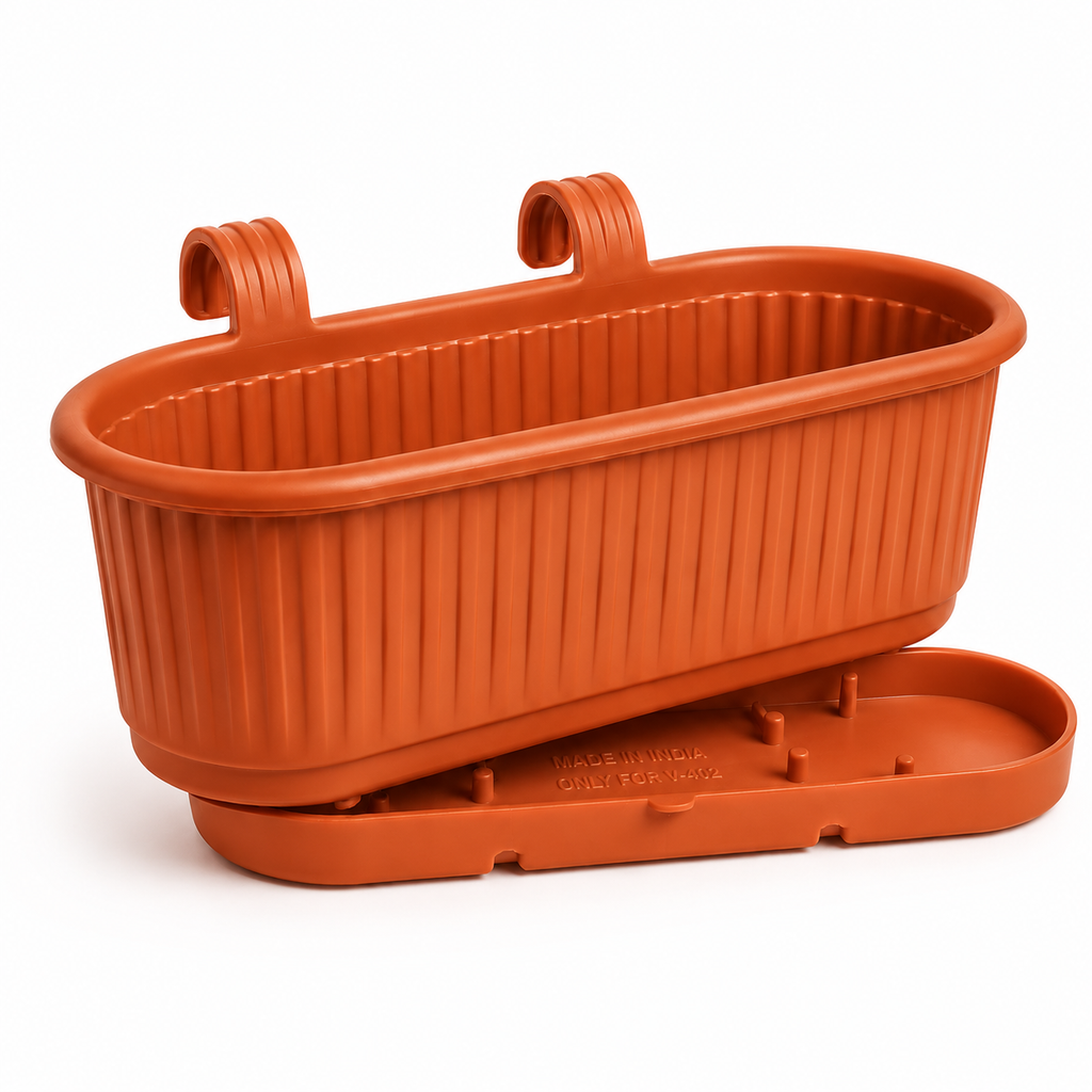 GardenTrails Hanging Railing Planter - Plastic Pot with Drainage Tray - Teracotta