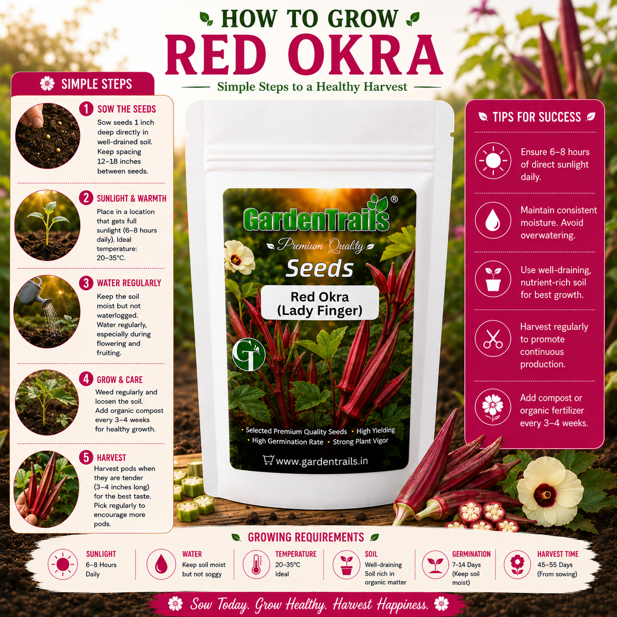 GardenTrails Red Lady's FInger - Red Okra Seeds