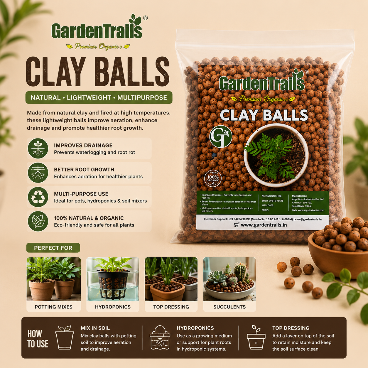 GardenTrails LECA Clay Balls for Plants – Premium Expanded Clay Aggregate for Hydroponics, Orchid, Succulents & Potting Mix - 500g