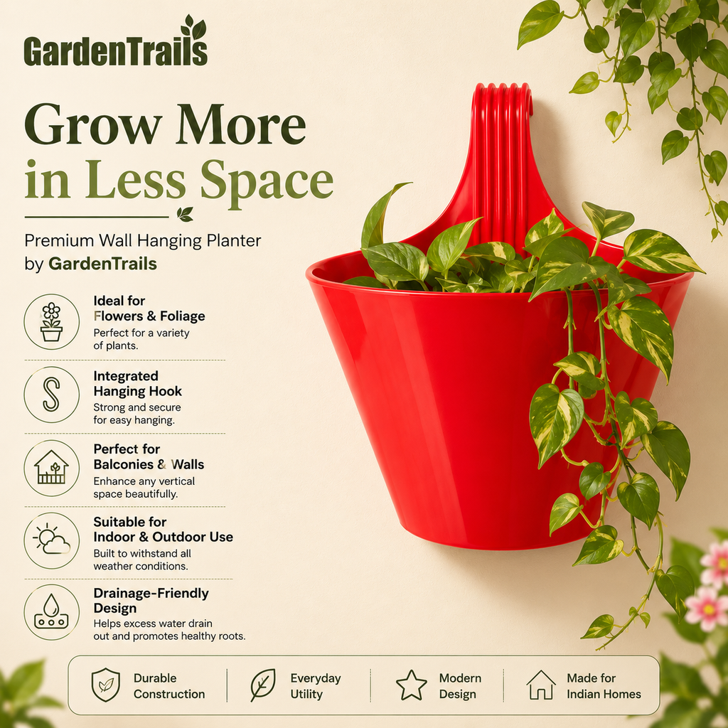 GardenTrails Hanging Balcony Planter | Modern Railing Pot for Home & Garden - Red