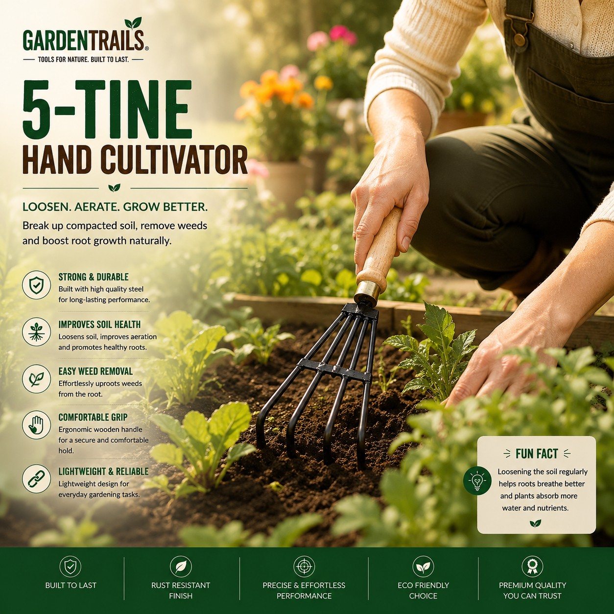 GardenTrails Hand Cultivator Rake | 5-Tine Garden Weeding & Soil Aeration Tool