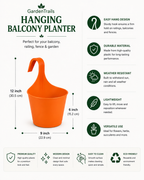 GardenTrails Hanging Balcony Planter | Modern Railing Pot for Home & Garden - Orange