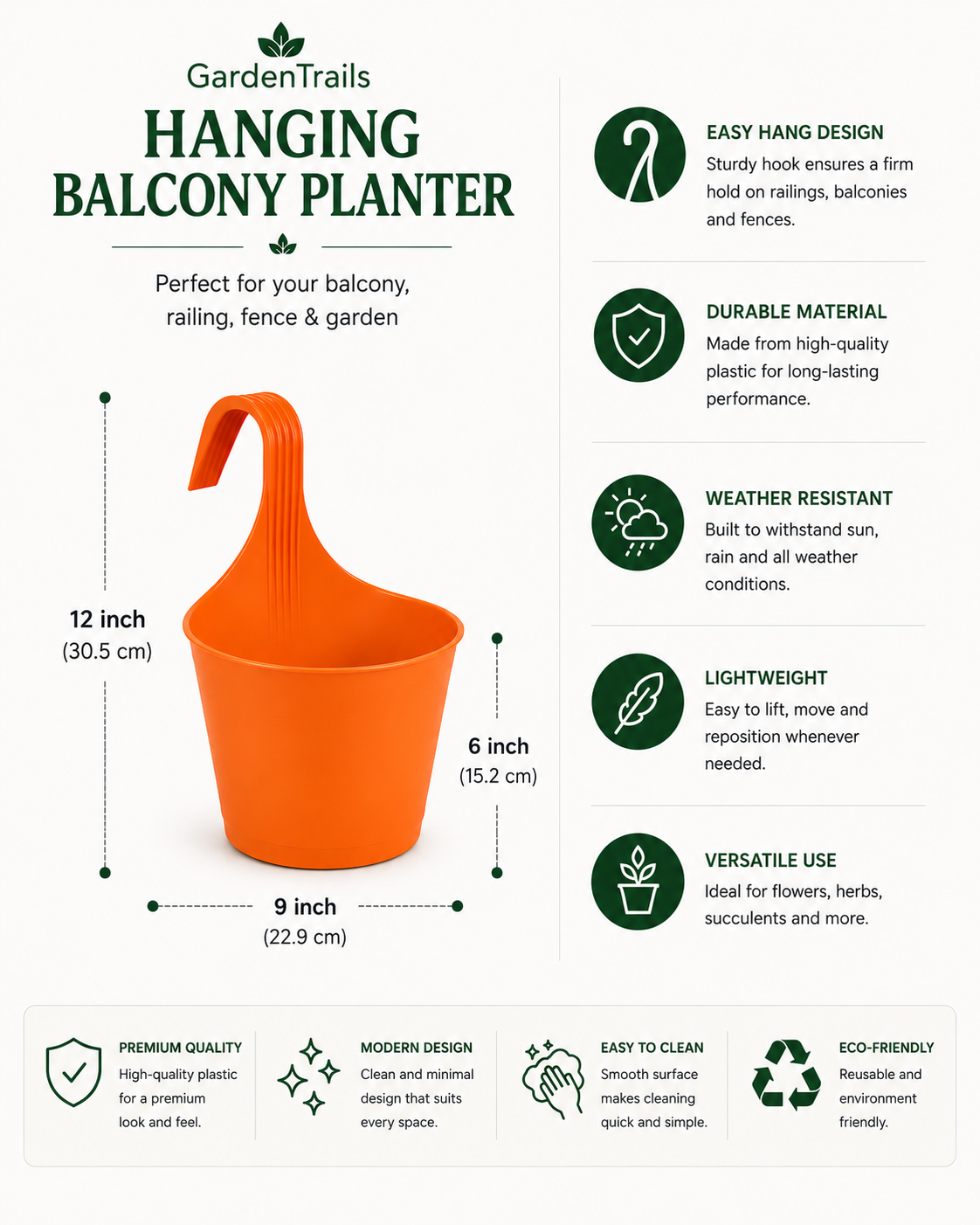 GardenTrails Hanging Balcony Planter | Modern Railing Pot for Home & Garden - Orange