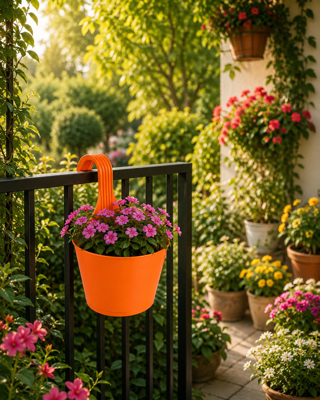 GardenTrails Hanging Balcony Planter | Modern Railing Pot for Home & Garden - Orange