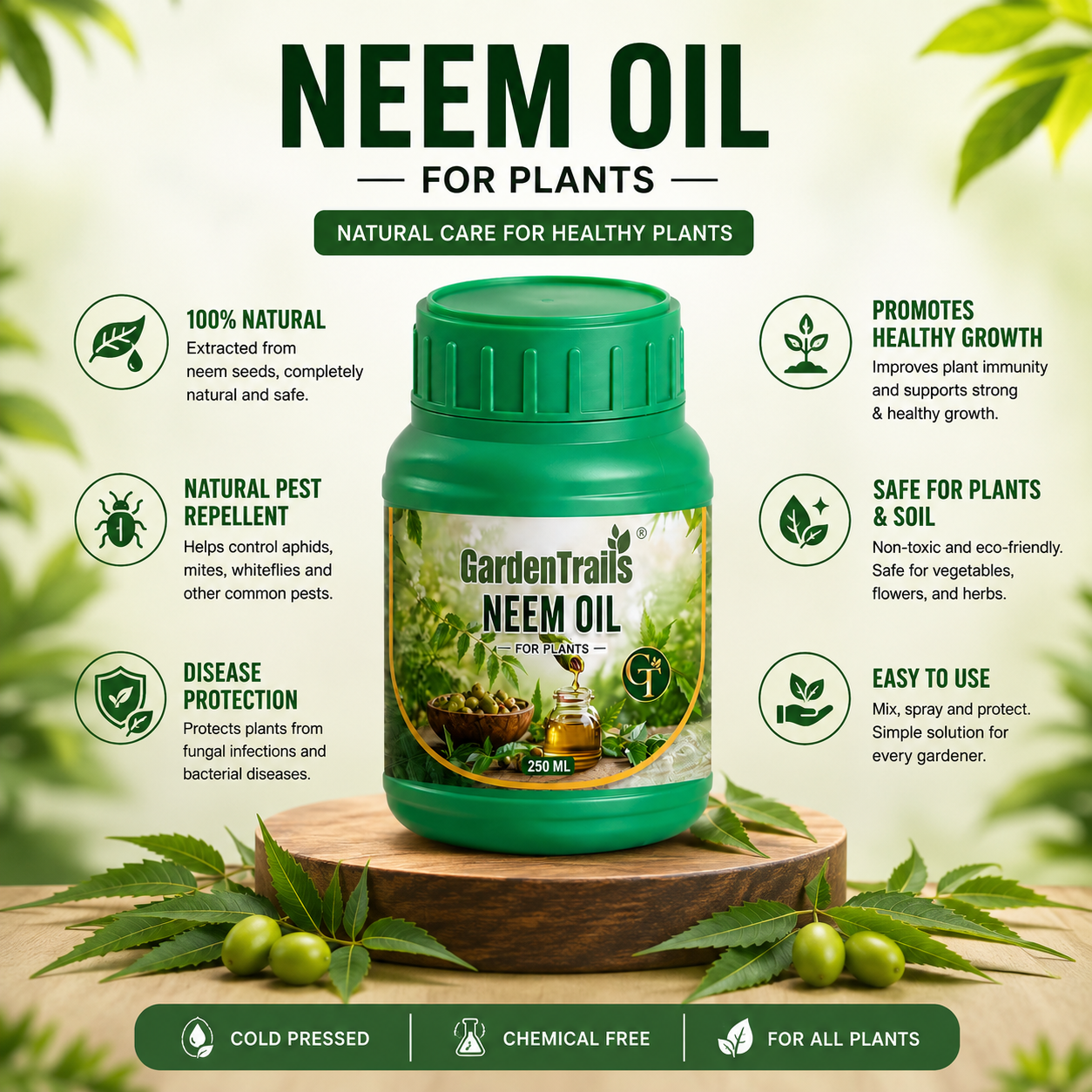 GardenTrails Premium Neem Oil for Plants – Natural Insect & Fungus Protection for Home Garden Plants | 250ml