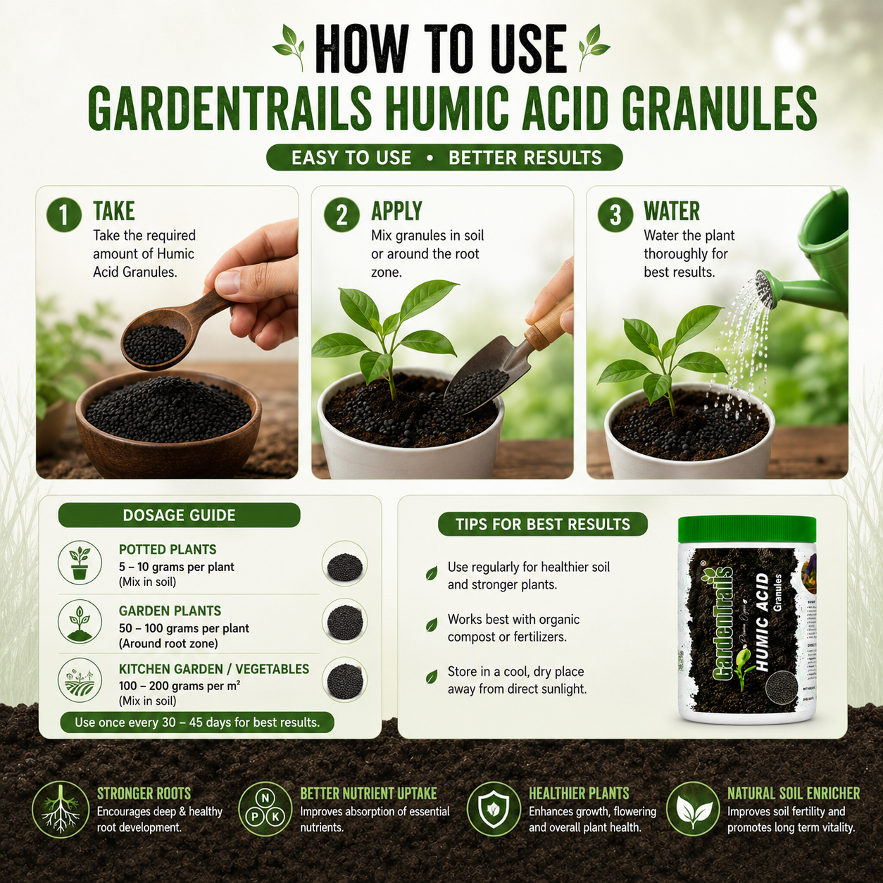 GardenTrails Humic Acid Granules – Powerful Organic Soil Booster for Indoor & Outdoor Plants - 1 Kg
