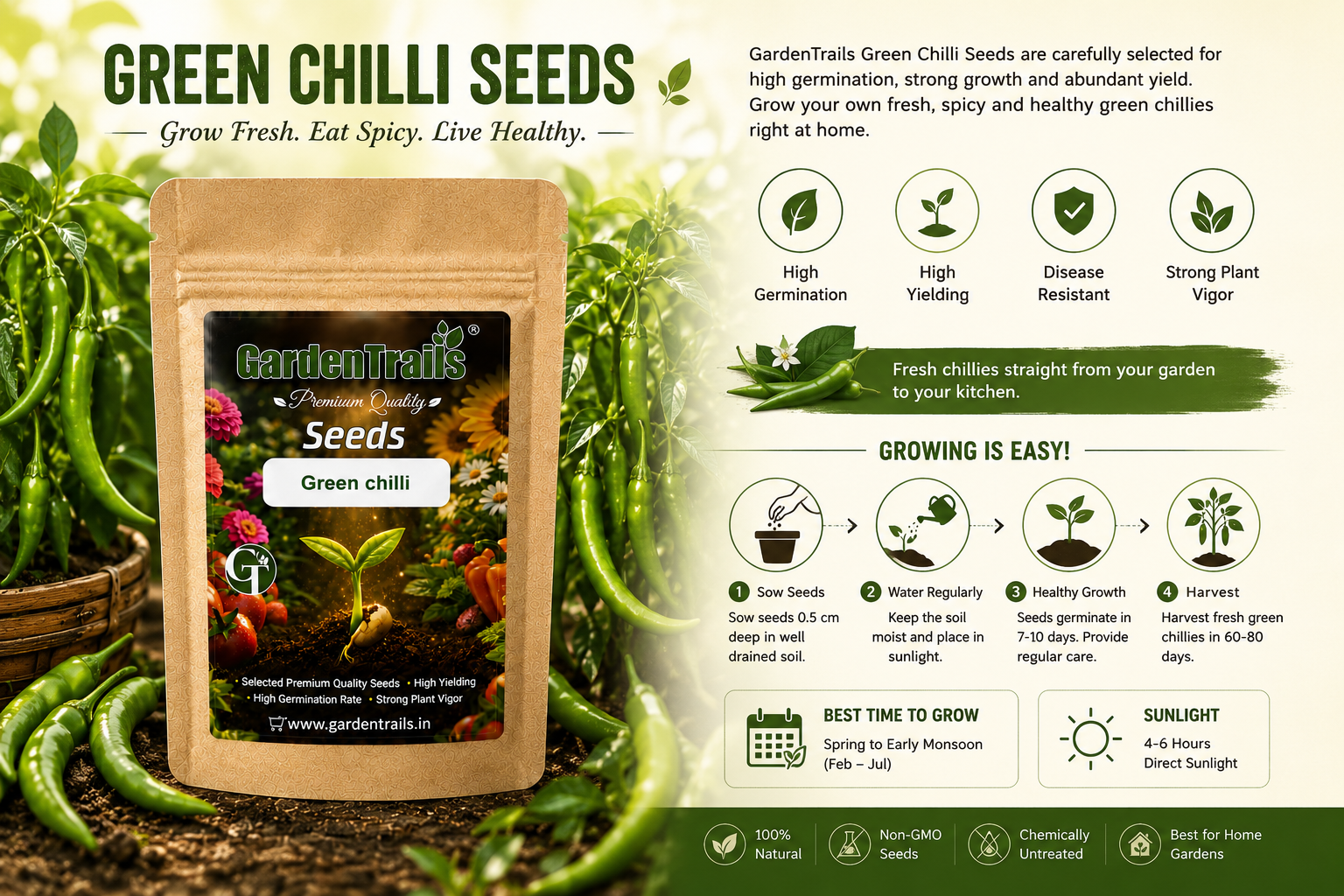 GardenTrails Premium Green Chilli Seeds – Grow Fresh Spicy Chillies at Home