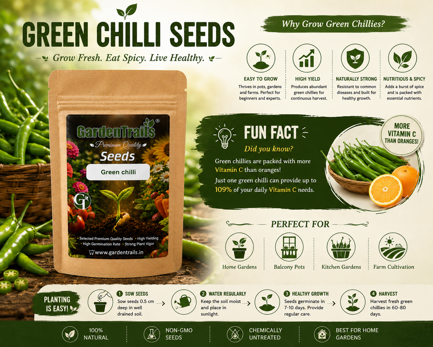 GardenTrails Premium Green Chilli Seeds – Grow Fresh Spicy Chillies at Home