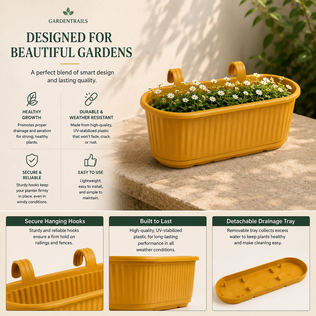 GardenTrails Hanging Railing Planter Pot - Plastic with Drainage Tray - Yellow