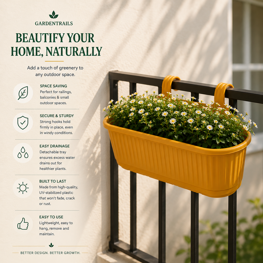 GardenTrails Hanging Railing Planter Pot - Plastic with Drainage Tray - Yellow