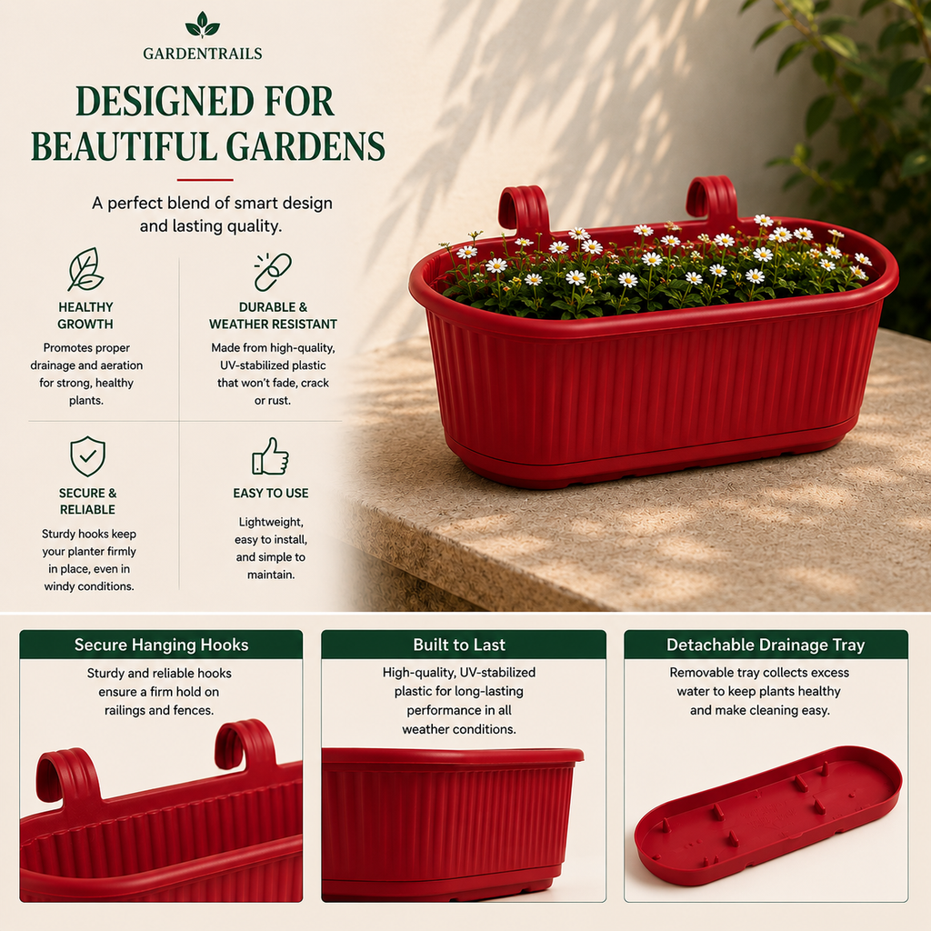 GardenTrails Hanging Railing Planter - Plastic Pot with Drainage Tray - Red