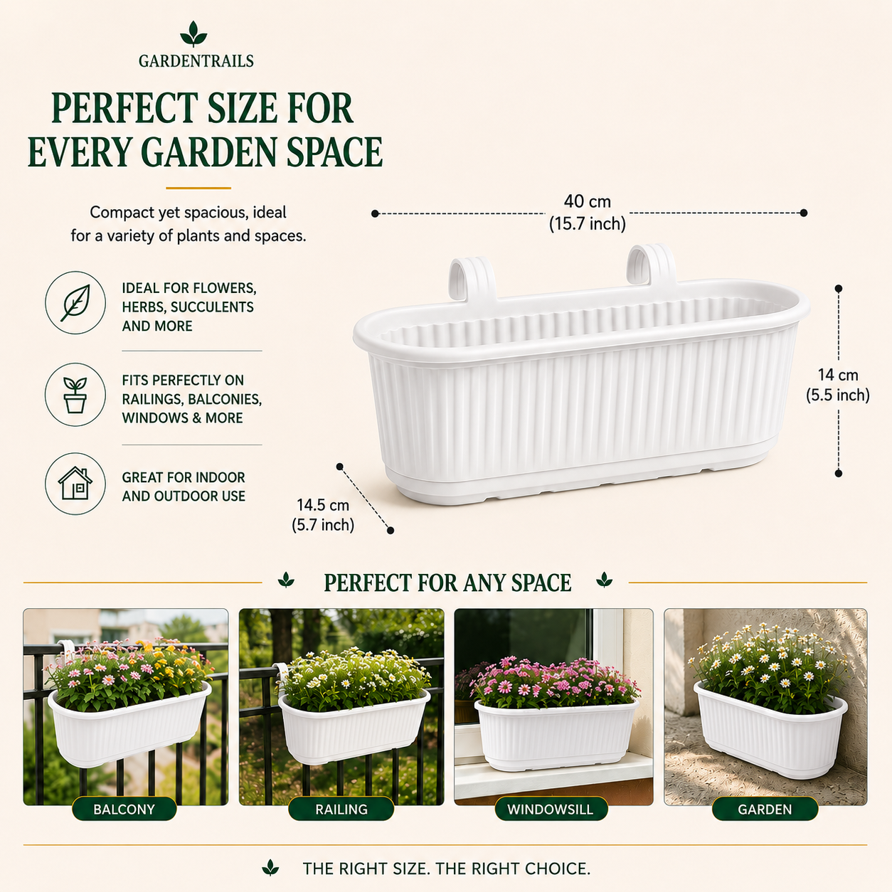 GardenTrails Hanging Railing Planter - Plastic Pot with Drainage Tray - White
