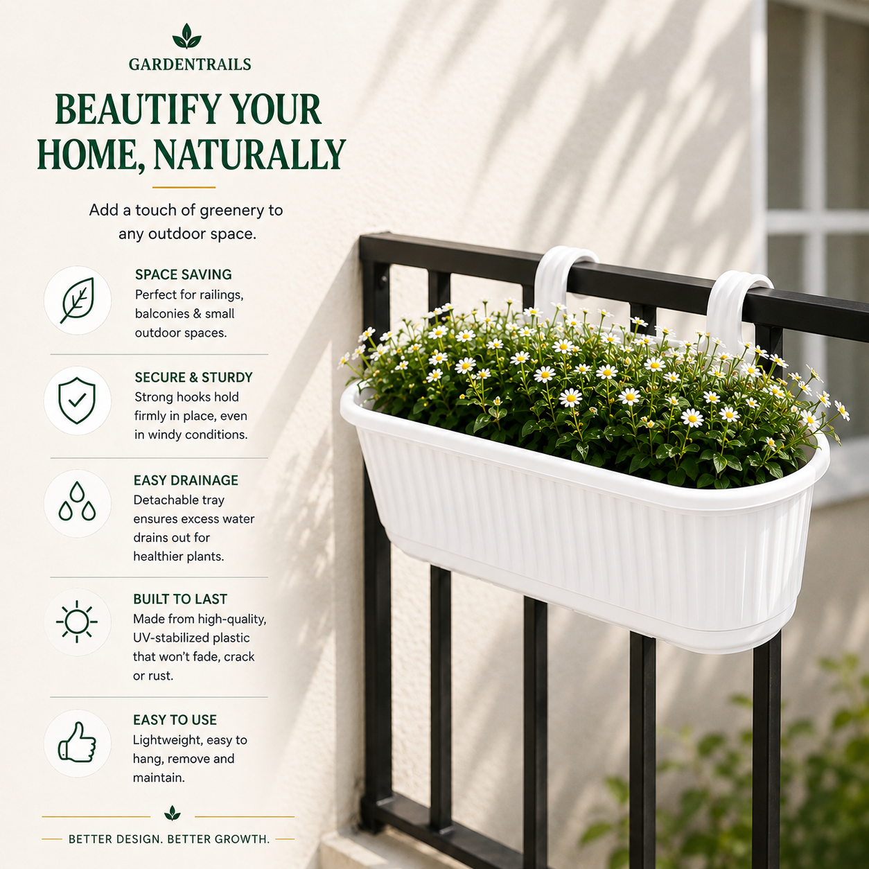 GardenTrails Hanging Railing Planter - Plastic Pot with Drainage Tray - White