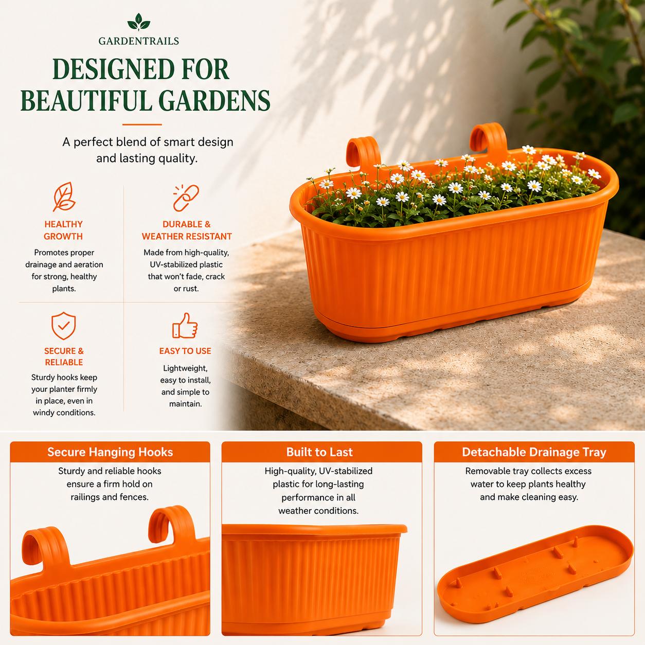 GardenTrails Hanging Railing Planter - Plastic Pot with Drainage Tray - Orange