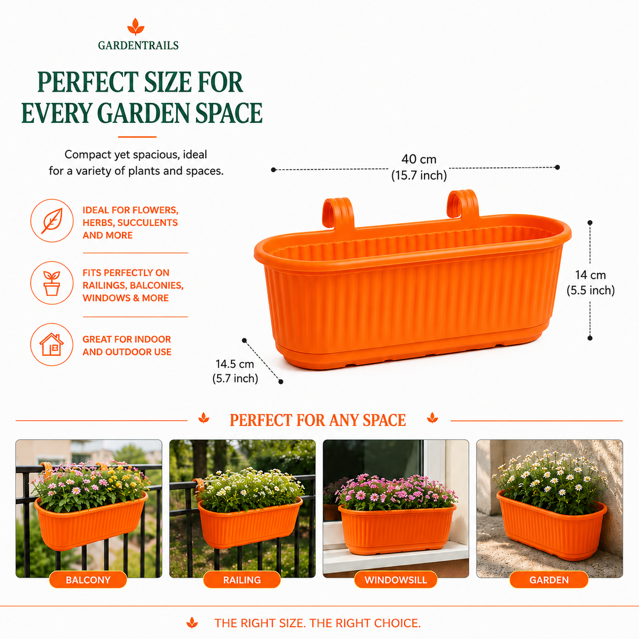 GardenTrails Hanging Railing Planter - Plastic Pot with Drainage Tray - Orange