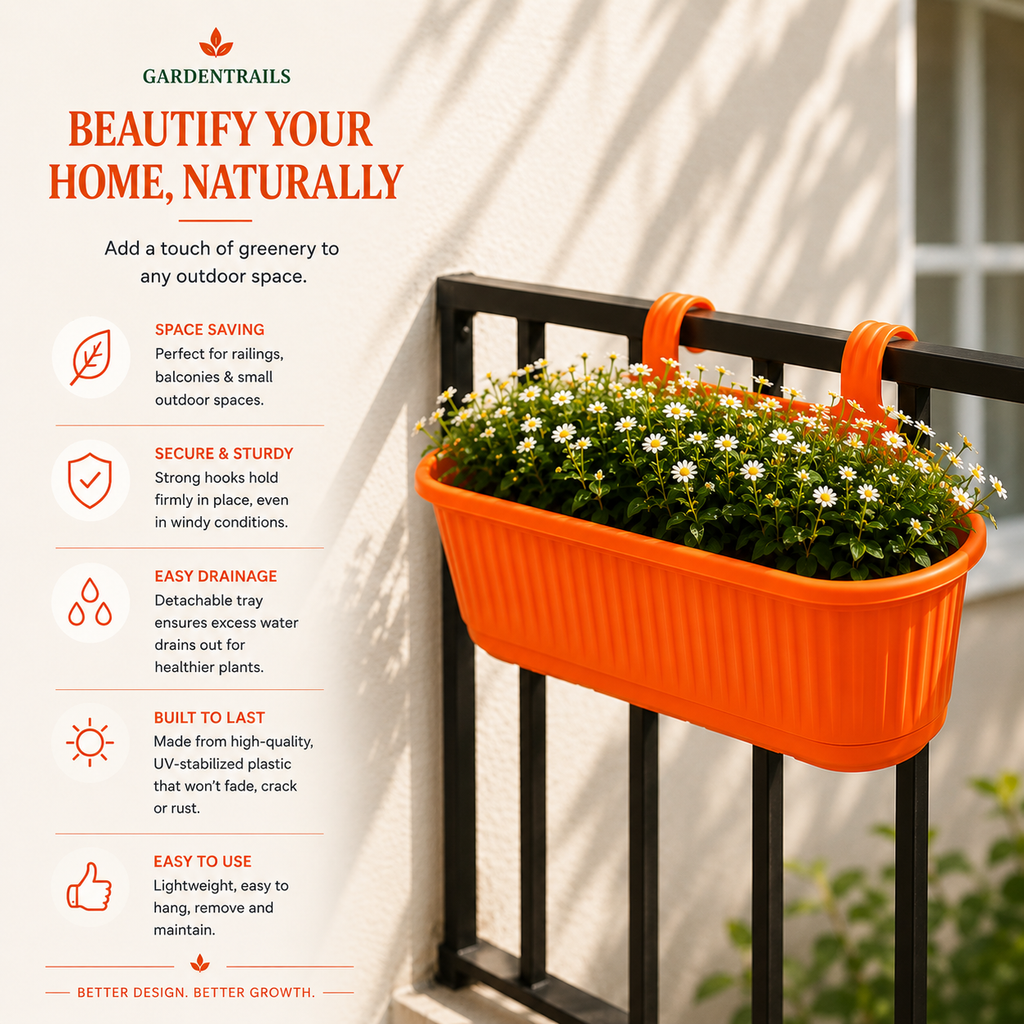 GardenTrails Hanging Railing Planter - Plastic Pot with Drainage Tray - Orange