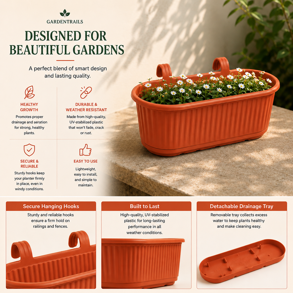 GardenTrails Hanging Railing Planter - Plastic Pot with Drainage Tray - Teracotta