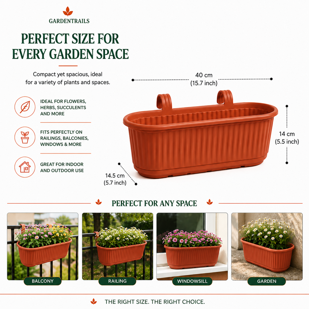 GardenTrails Hanging Railing Planter - Plastic Pot with Drainage Tray - Teracotta