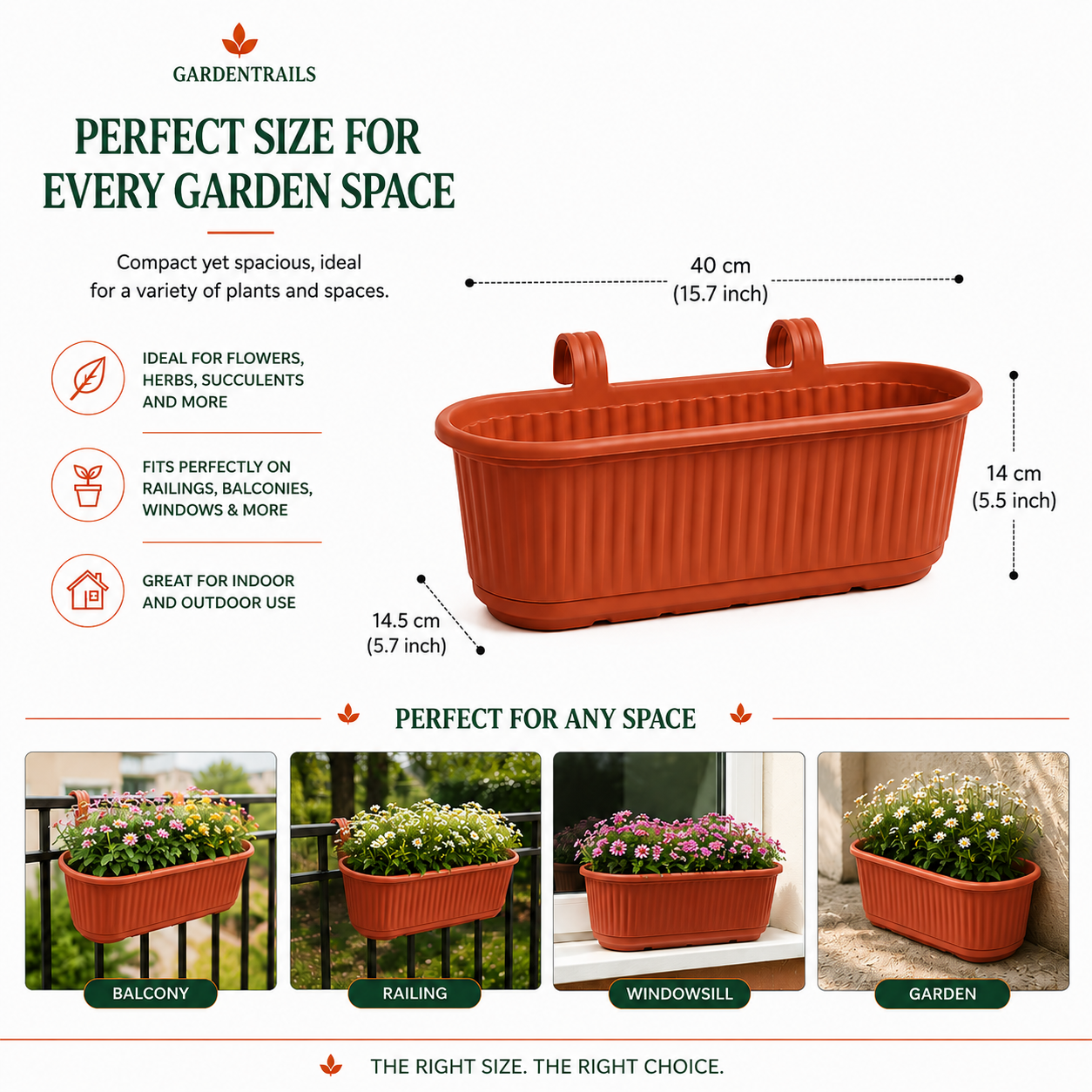 GardenTrails Hanging Railing Planter - Plastic Pot with Drainage Tray - Teracotta
