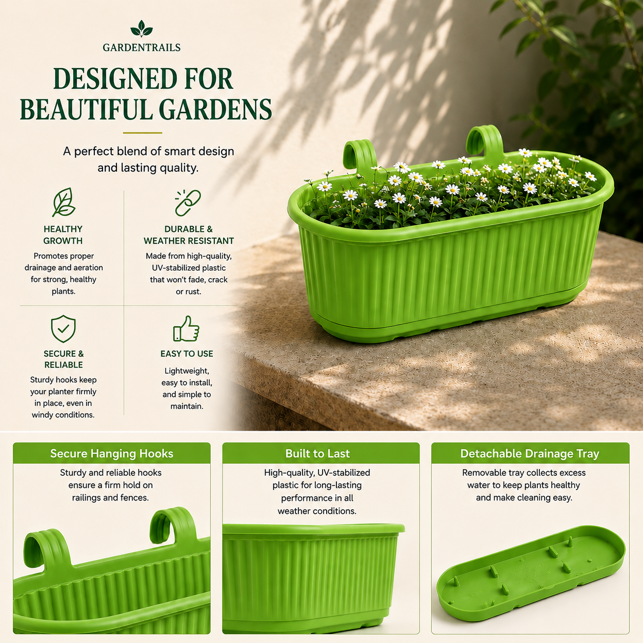GardenTrails Hanging Railing Planter - Plastic Pot with Drainage Tray - Green