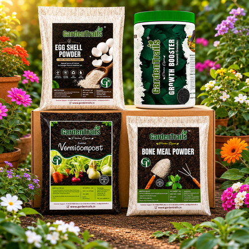 GardenTrails gardening products including egg shell powder, growth booster, vermicompost, and bone meal powder with a garden background.