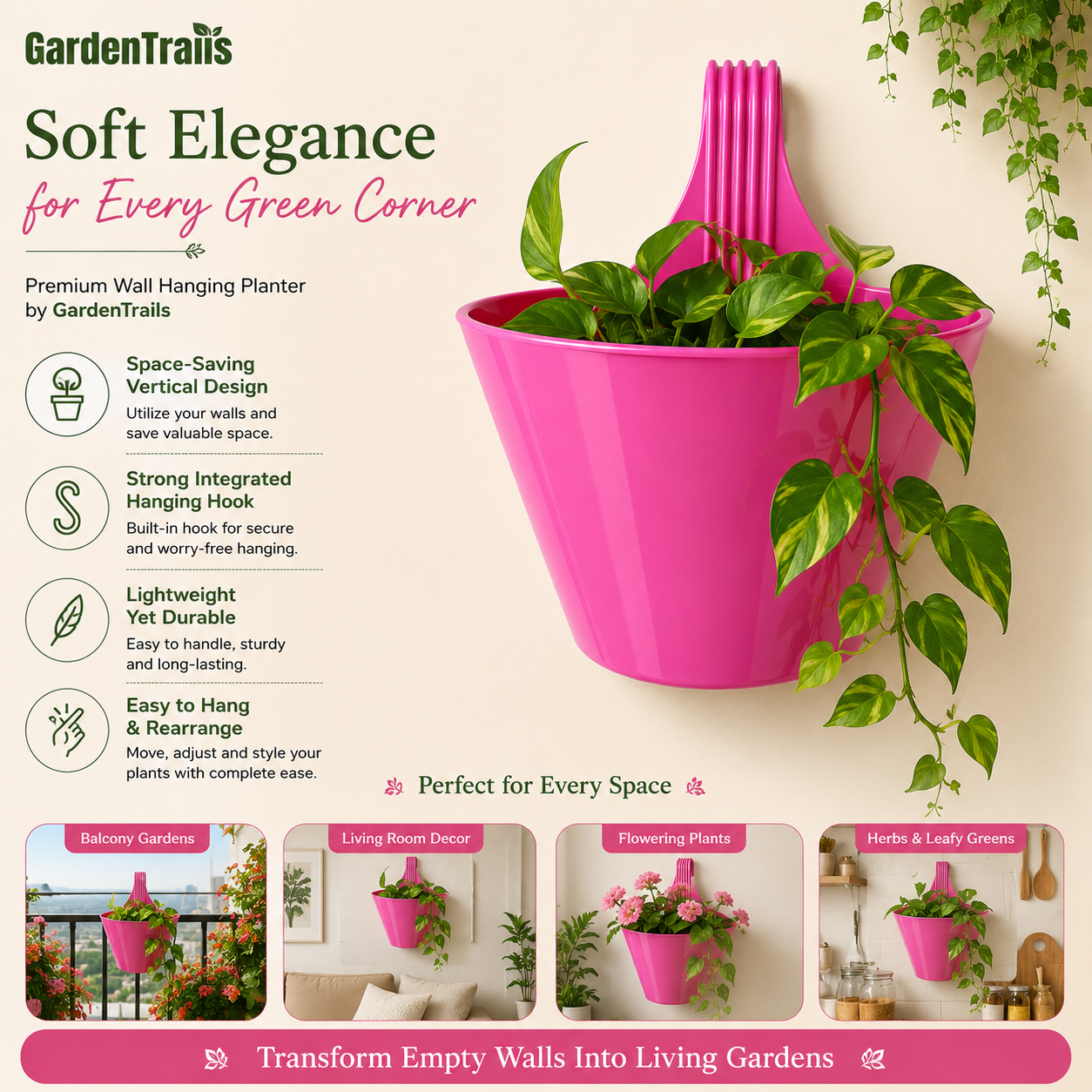 Pink wall hanging planter with green plants on a beige wall, featuring GardenTrails branding and product features.