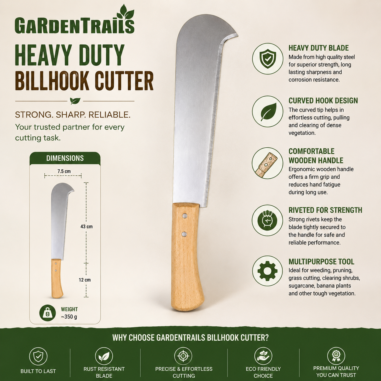 Garden Trails Heavy Duty Billhook Cutter with features and specifications on a beige background