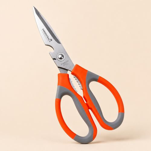 Pair of garden shears with orange and gray handles on a beige background