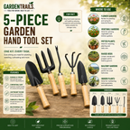 Garden Trails 5-piece garden hand tool set with features and uses on a natural background