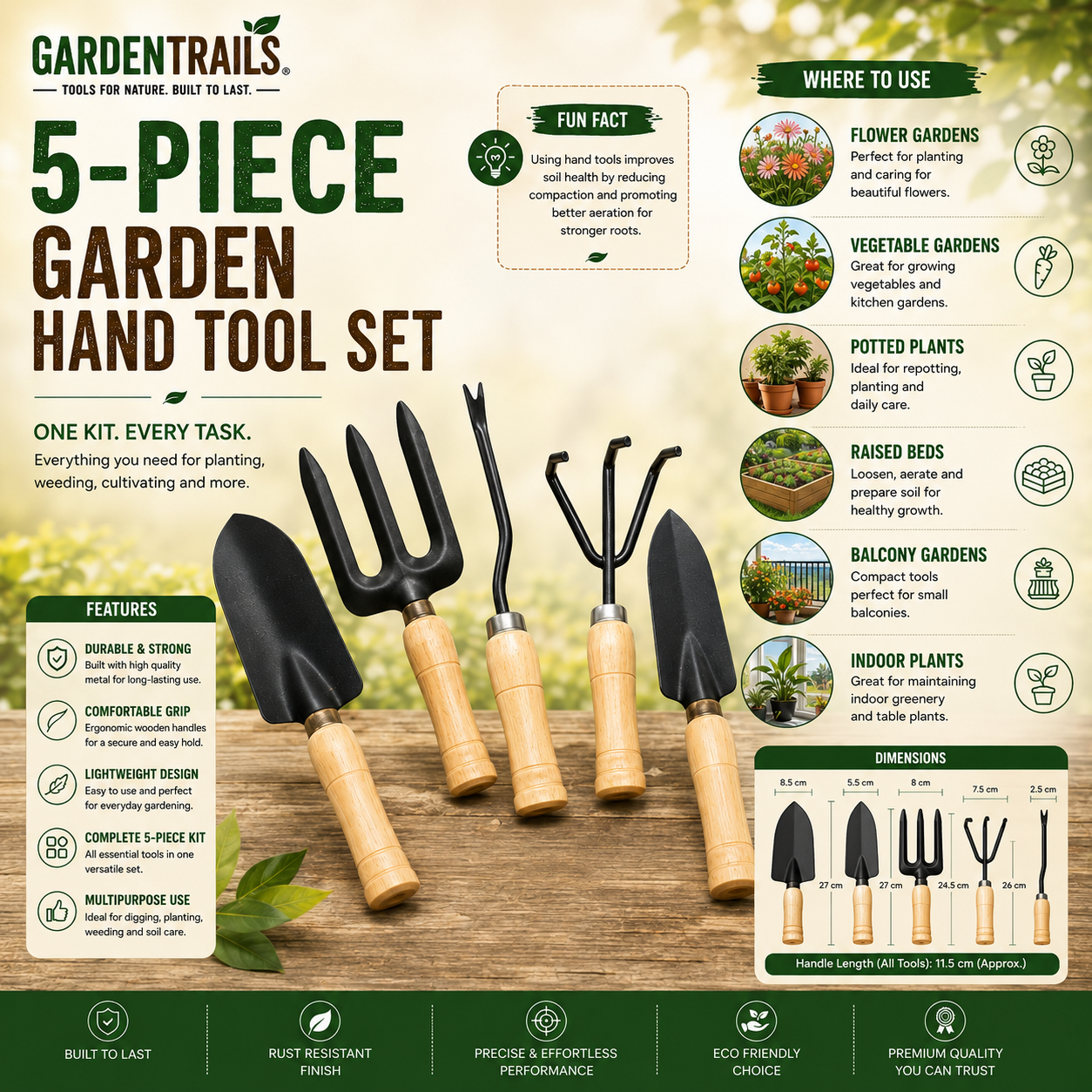 Garden Trails 5-piece garden hand tool set with features and uses on a natural background