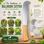 Gardening tool, billhook cutter, with features and uses on a natural background