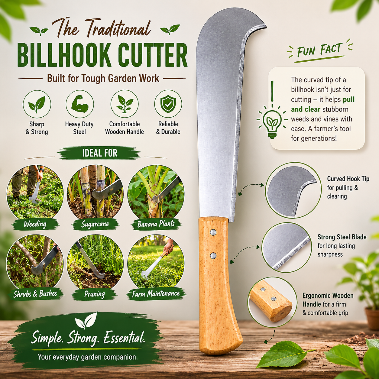 Gardening tool, billhook cutter, with features and uses on a natural background