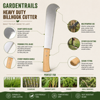 Heavy-duty billhook cutter with features and uses on a beige background