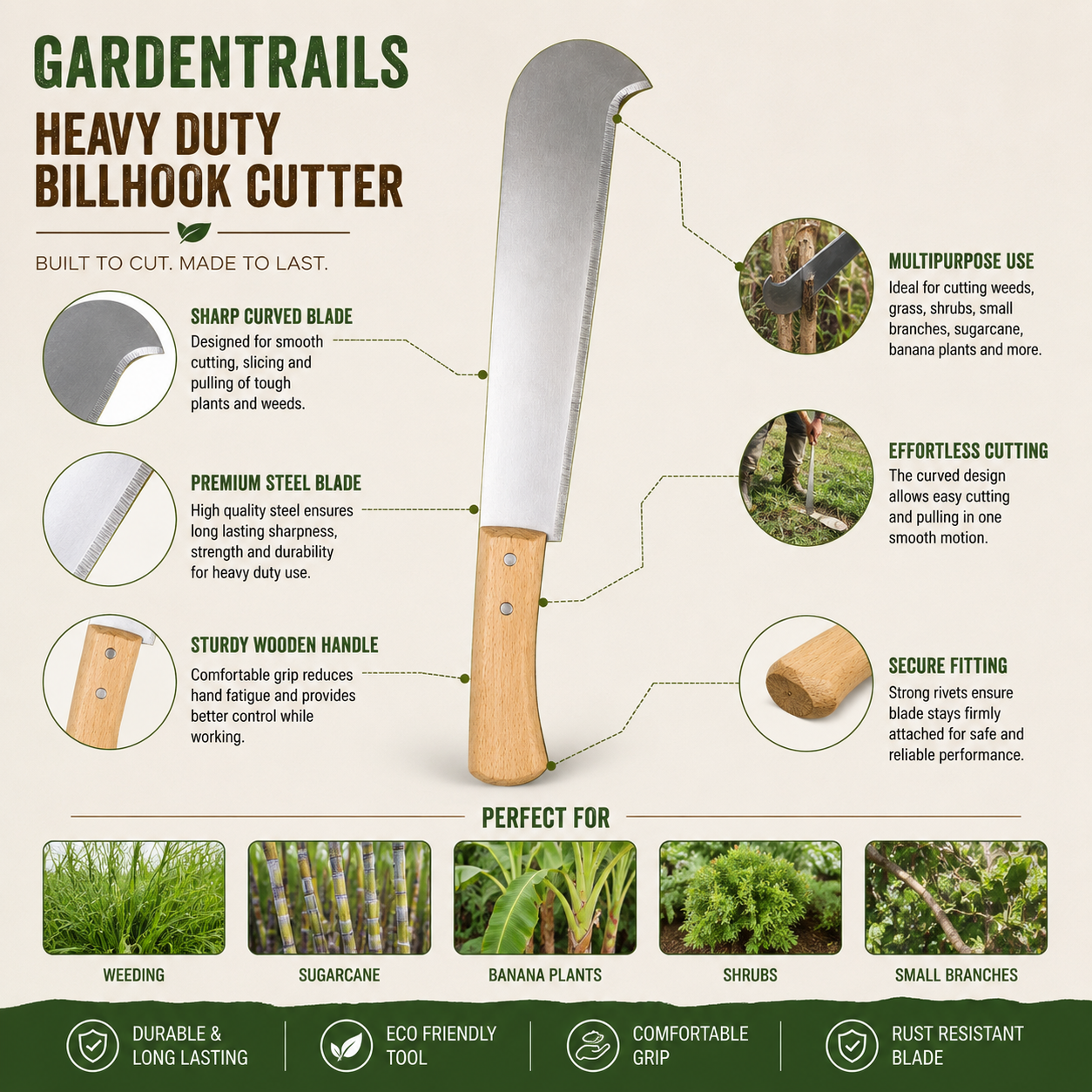 Heavy-duty billhook cutter with features and uses on a beige background