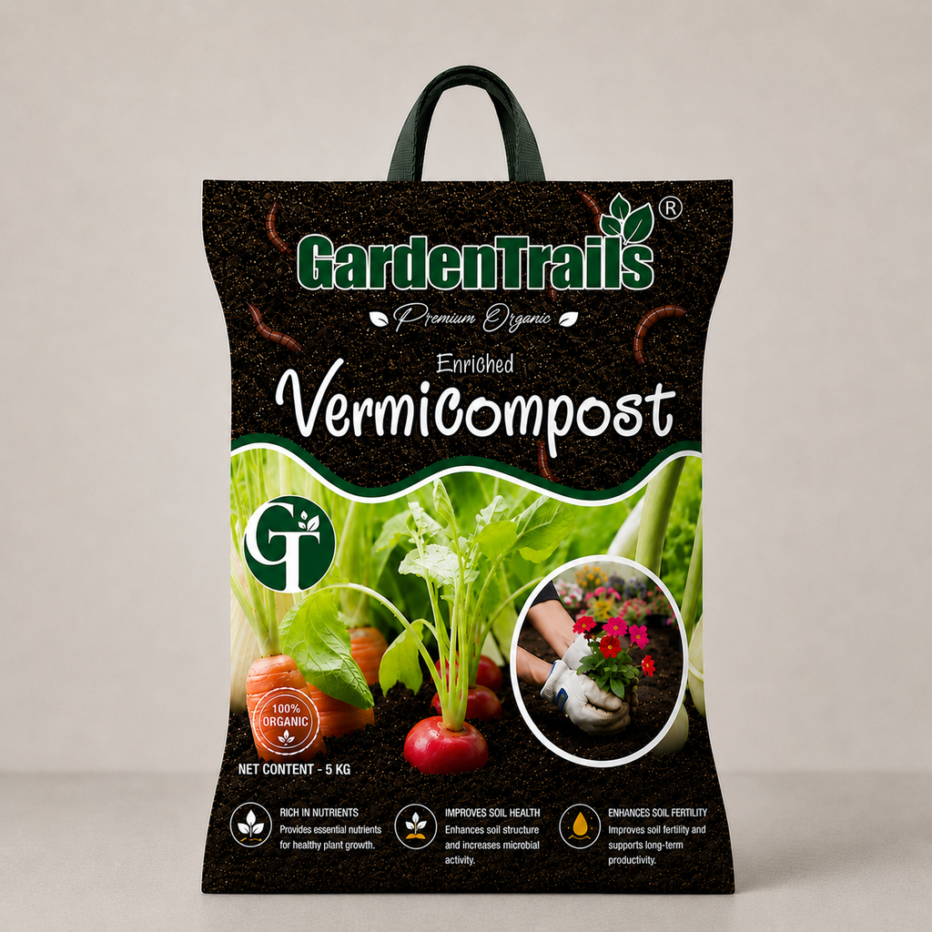 Bag of Garden Trails Enriched Vermicompost on a light gray background
