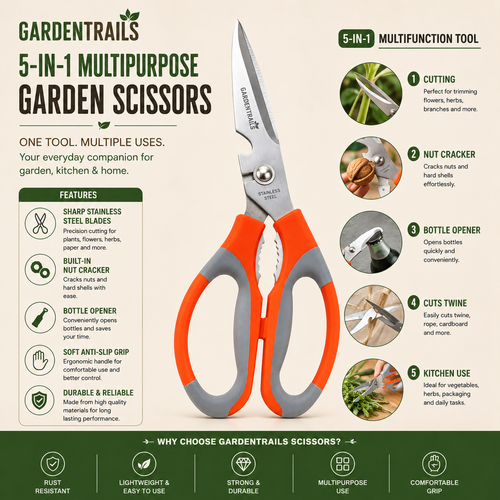 Gardentrails 5-in-1 Multipurpose Garden Scissors with features and uses on a beige background