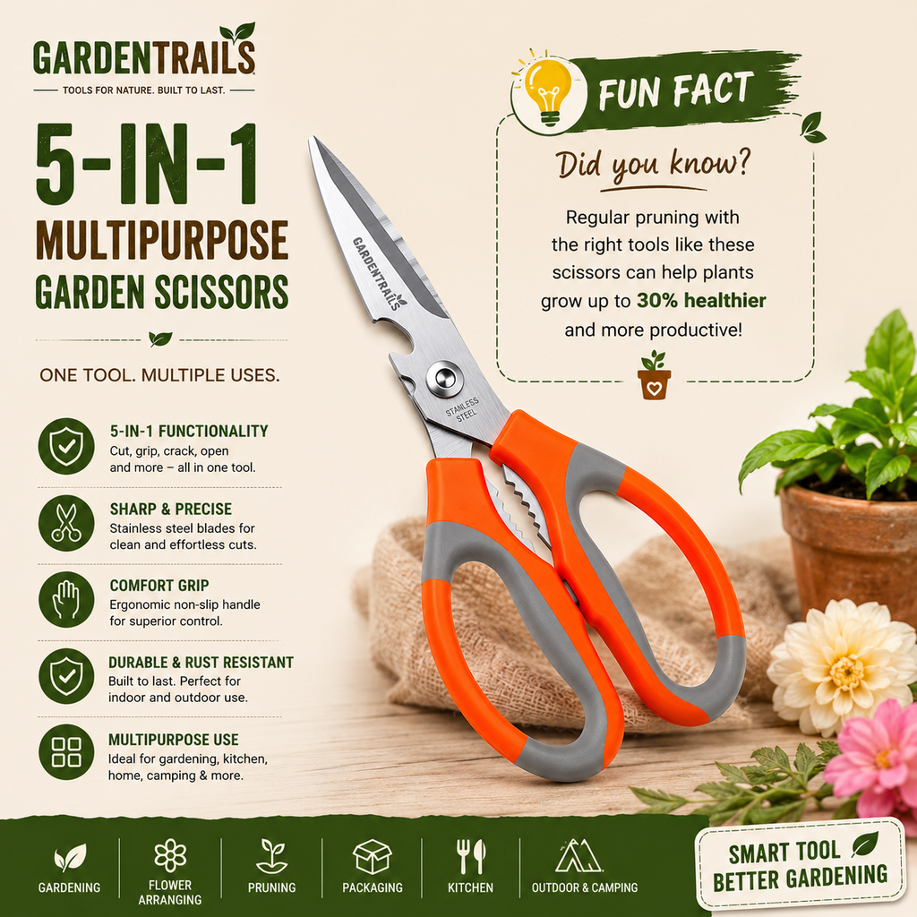 Garden tools with a focus on garden scissors, featuring text about their features and benefits.