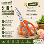 Garden tools with a focus on garden scissors, featuring text about their features and benefits.