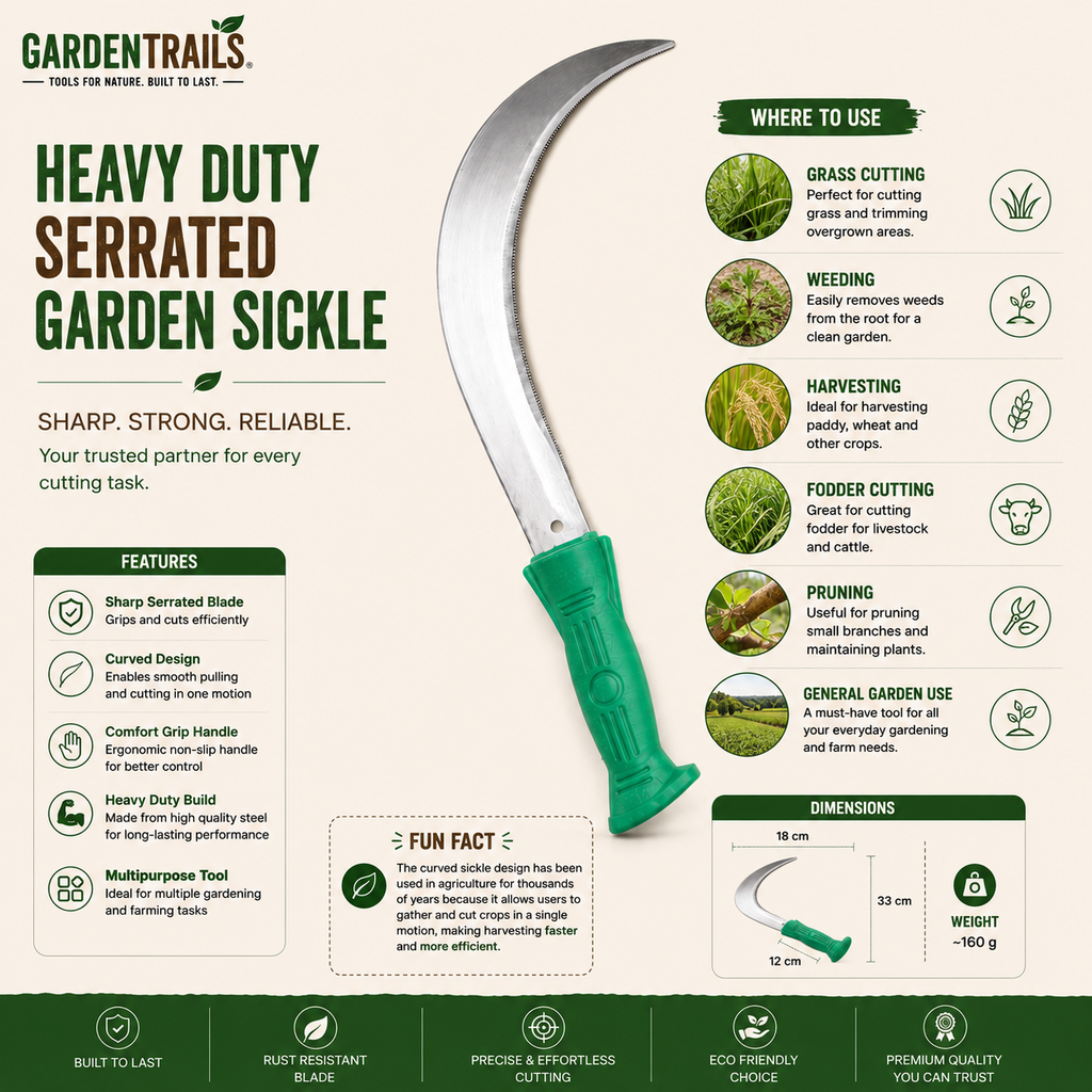 GardenTrails Heavy Duty Serrated Garden Sickle for Weeding, Harvesting & Grass Cutting