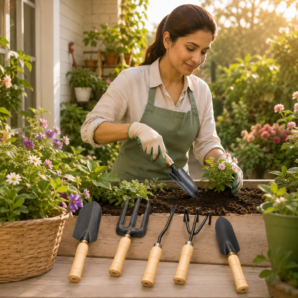 Woman gardening with tools on a wooden surface, surrounded by plants and flowers.