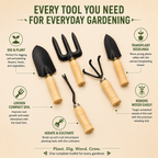 Set of gardening tools with descriptions on a beige background