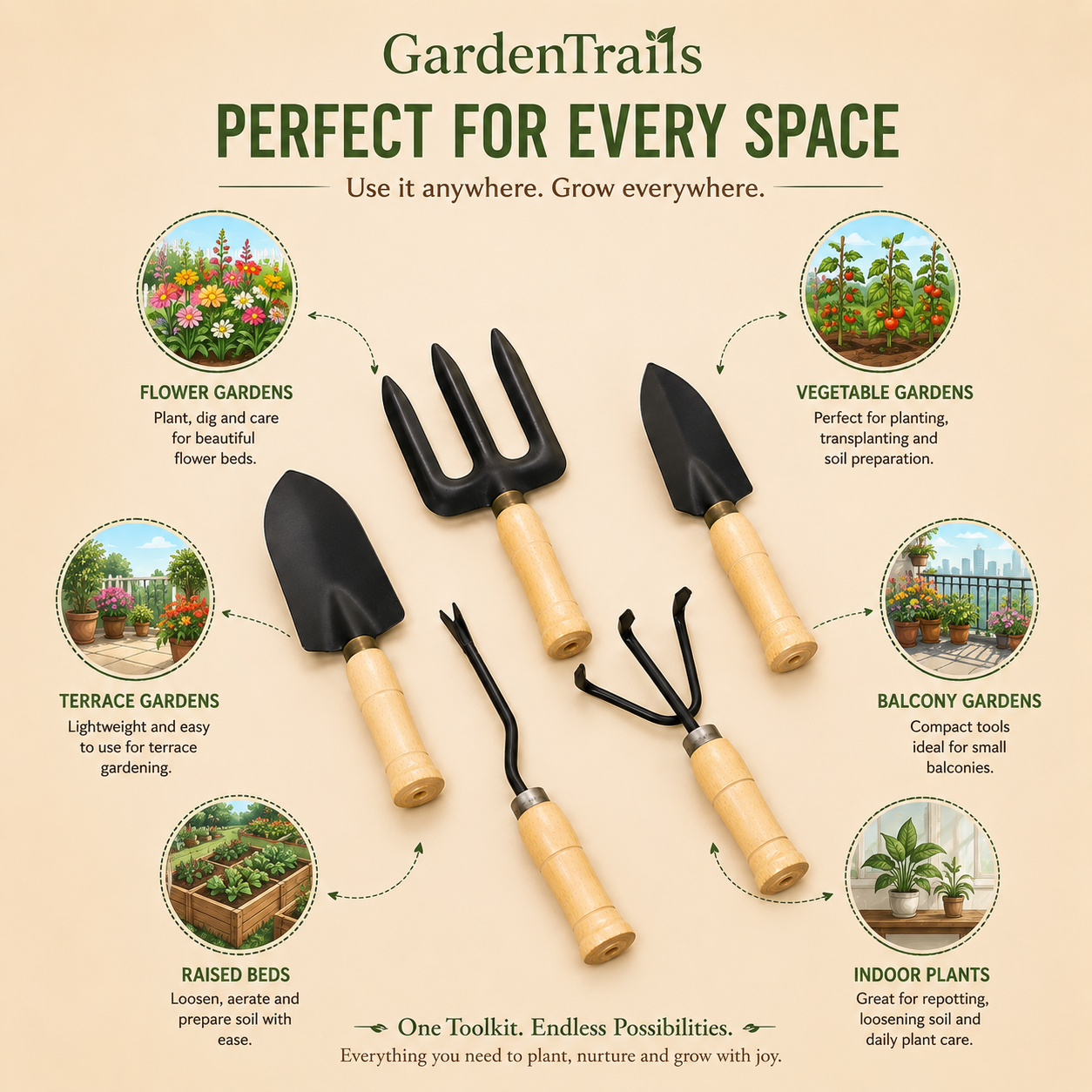 Garden tools with 'Garden Trails' branding on a beige background